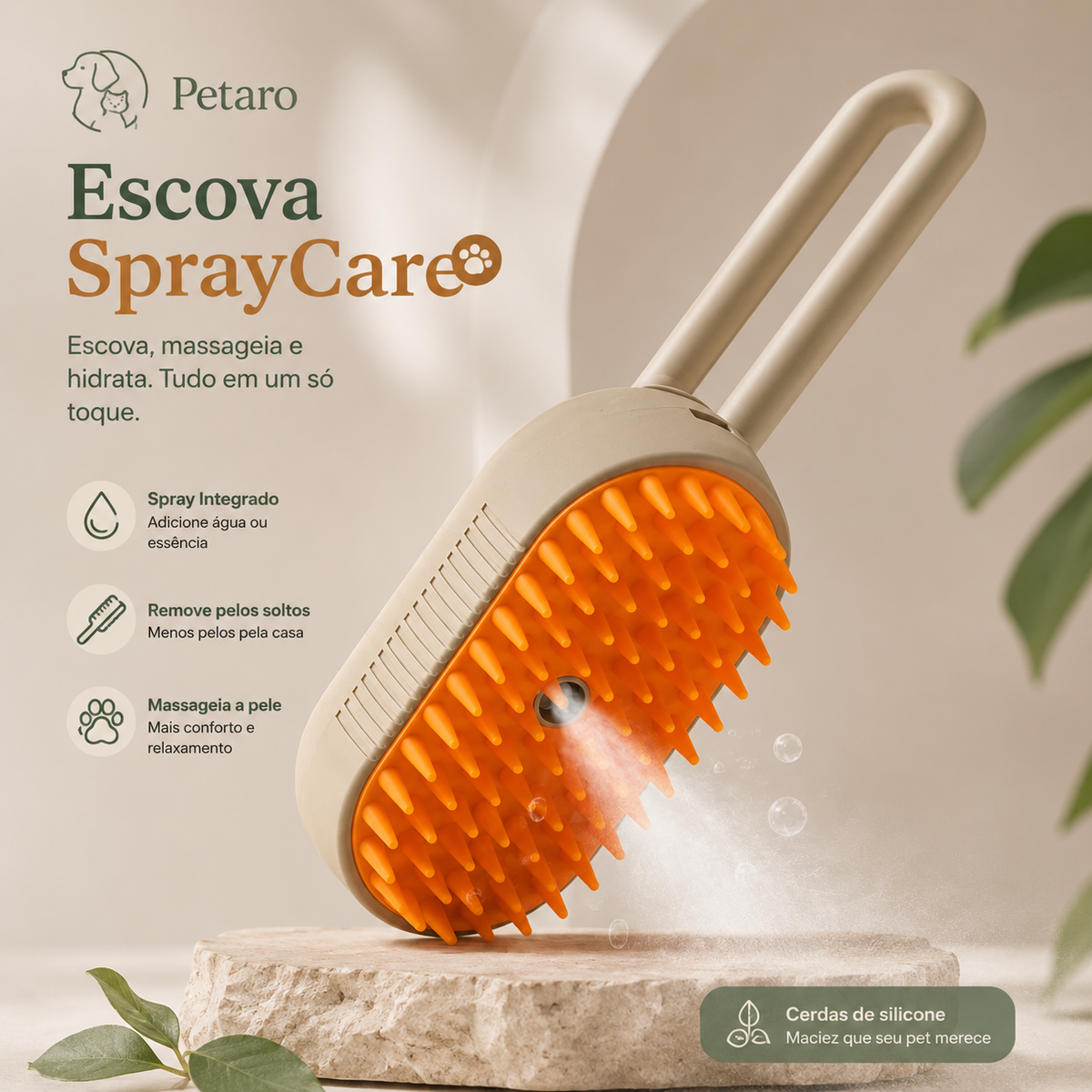 Petaro CareBrush™ - Escova Massageadora 3 em 1 com Spray para Cães e Gatos