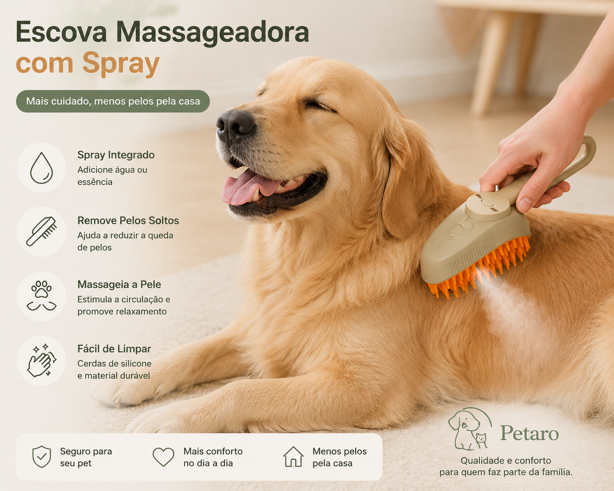 Petaro CareBrush™ - Escova Massageadora 3 em 1 com Spray para Cães e Gatos