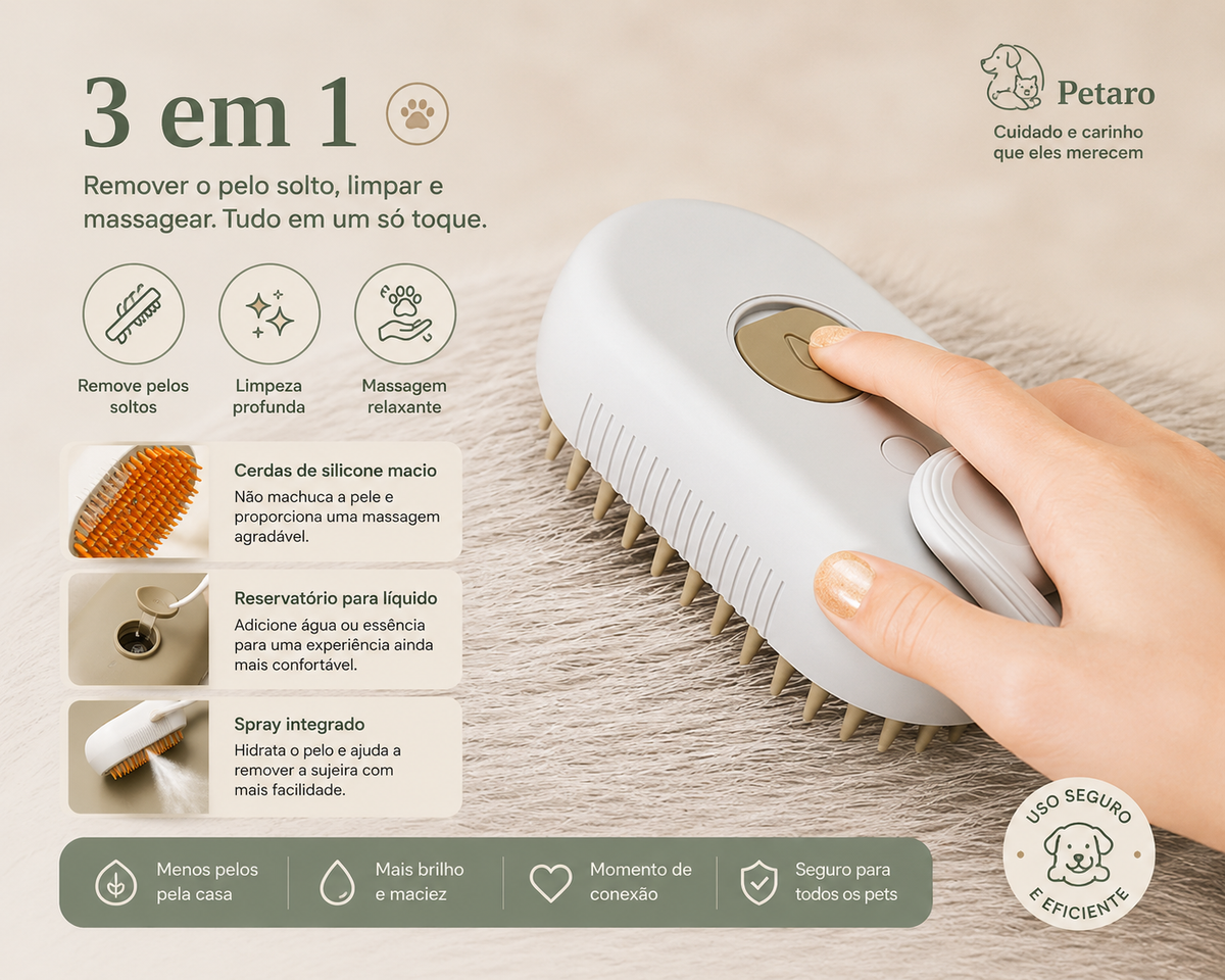 Petaro CareBrush™ - Escova Massageadora 3 em 1 com Spray para Cães e Gatos